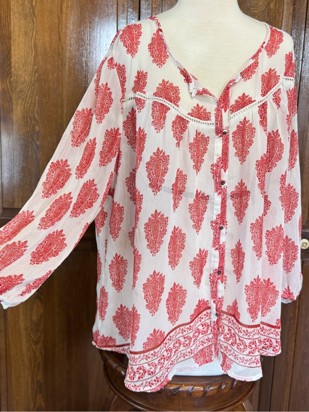 Red White Paisley Medallion Lightweight Chiffon Boho Peasant Blouse Cato 18/20W